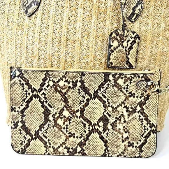 Steve Madden Tote Natural Tan Woven Straw Snakeskin Trim Bonus Pouch - Picture 4 of 12